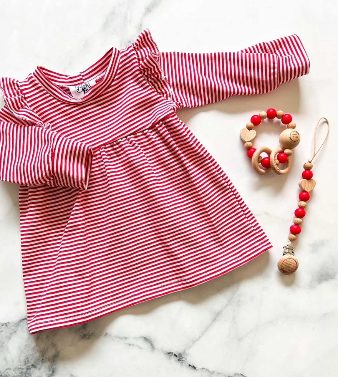 Robe à manches froncées rayée rouge – Image 2